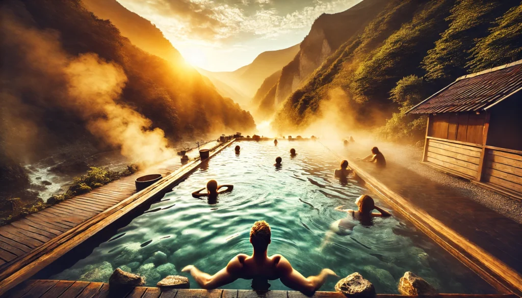 A serene natural hot spring surrounded by lush green mountains, where athletes soak their muscles in mineral-rich waters. Steam rises gently, creating a tranquil and healing atmosphere, bathed in warm sunset light.