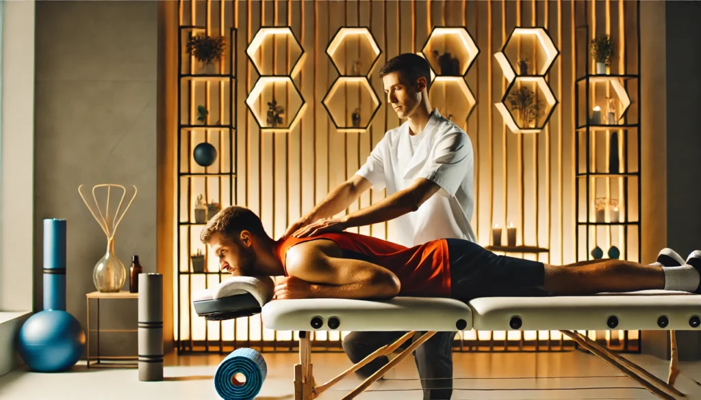 How to Relieve DOMS and Speed Up Recovery: Effective Strategies for Athletic Performance 2 A modern sports massage therapy session where a professional therapist works on an athlete’s sore muscles. The minimalist room features foam rollers, stretching bands, and essential oils, reinforcing a focus on muscle recovery.