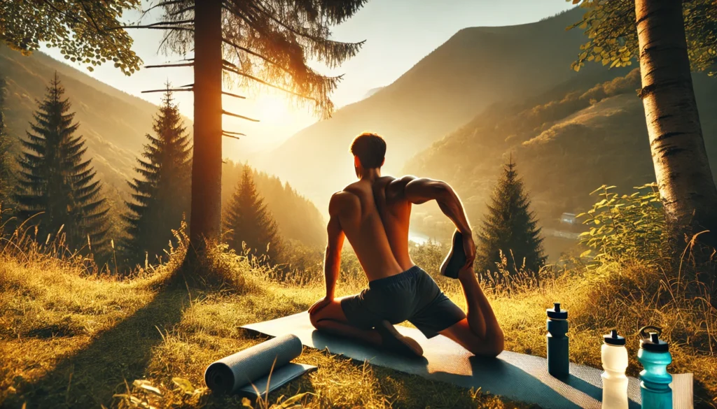 How to Relieve DOMS and Speed Up Recovery: Effective Strategies for Athletic Performance 3 An athlete practicing yoga and deep stretching outdoors in a peaceful natural setting, surrounded by trees and mountains at sunrise. A nearby water bottle and towel suggest hydration and post-workout recovery.