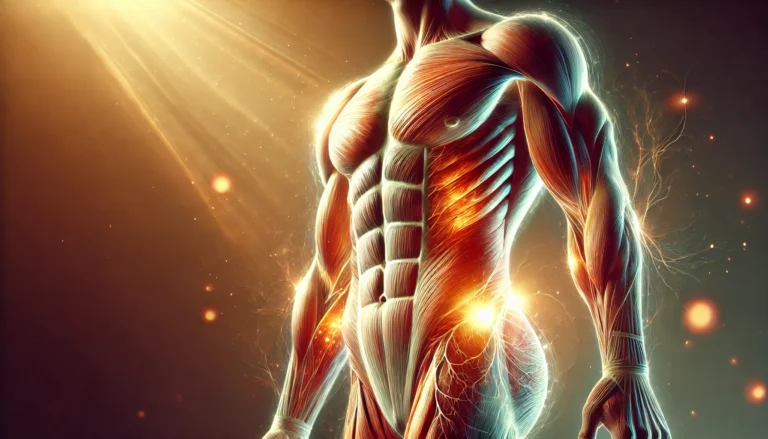 A glowing, ethereal depiction of a muscular human body surrounded by radiant energy, symbolizing muscle healing and regeneration.