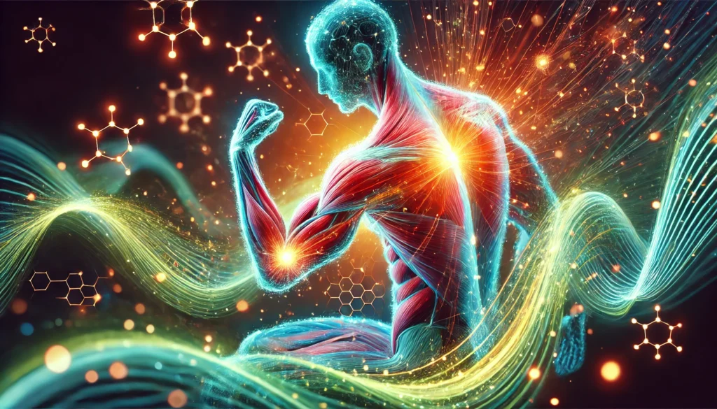 A futuristic concept art of muscle recovery, featuring dynamic energy waves coursing through muscles, illustrating cellular healing and strength.