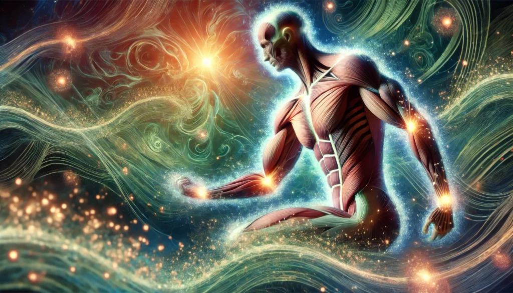 A surreal close-up of glowing muscle fibers regenerating, blending organic textures with soft energy waves to represent the body's natural recovery process.