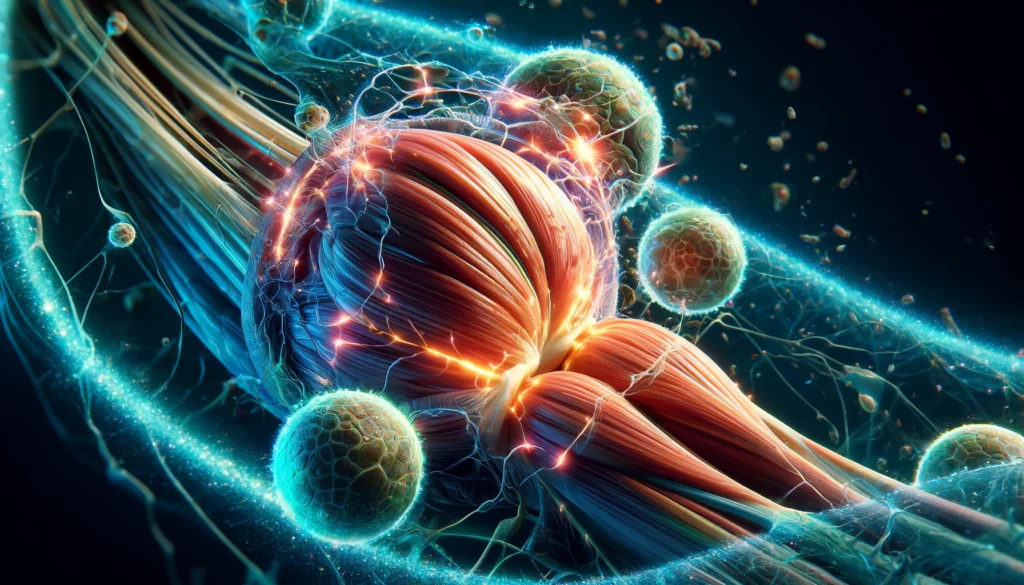 A hyper-realistic visualization of muscle tissue repairing itself, showing intricate details of fibers weaving together, surrounded by a healing energy field.