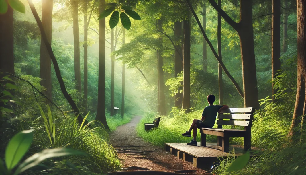 A serene nature trail with a person sitting on a bench, surrounded by lush greenery and soft sunlight, symbolizing rest and recovery from intense workouts.