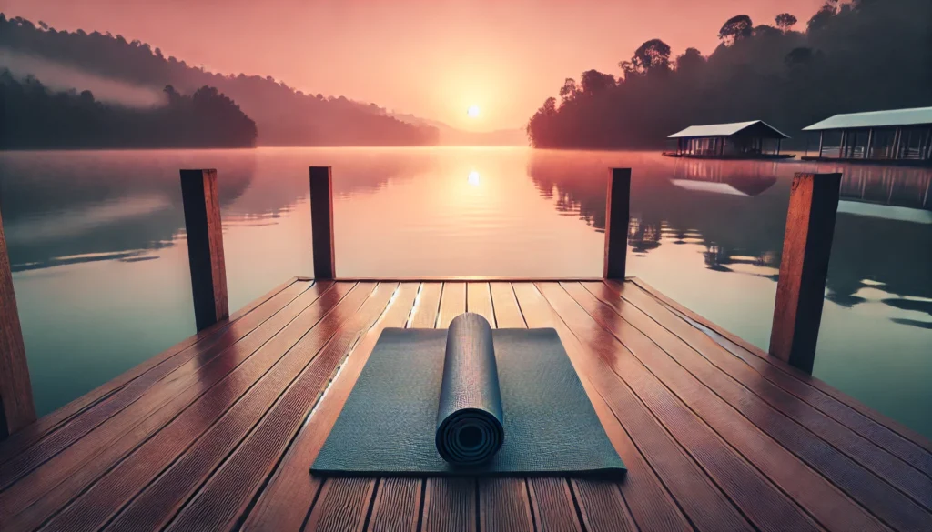 A peaceful lakeside at sunrise, featuring a yoga mat on a wooden deck, with still waters reflecting the soft morning hues, evoking relaxation and mindful recovery.
