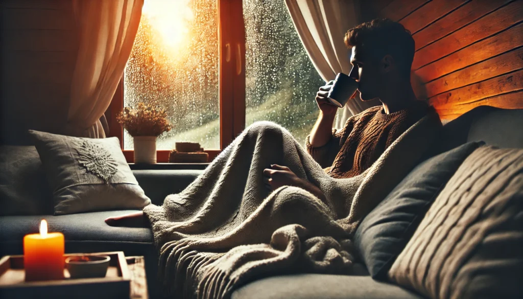 Is It Okay to Take a Break from Working Out? The Science Behind Gym Rest Days and Athletic Recovery 2 A cozy indoor setting with a person wrapped in a blanket on a sofa, sipping a warm drink, with ambient lighting and a rainy window scene, emphasizing post-workout relaxation.
