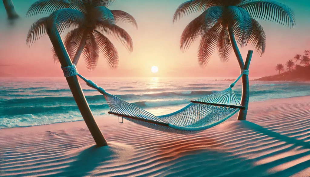 Is It Okay to Take a Break from Working Out? The Science Behind Gym Rest Days and Athletic Recovery 3 A tranquil beach scene with a hammock tied between two palm trees, swaying gently with calm ocean waves and a pastel sunset, representing recovery and rest after physical activity.