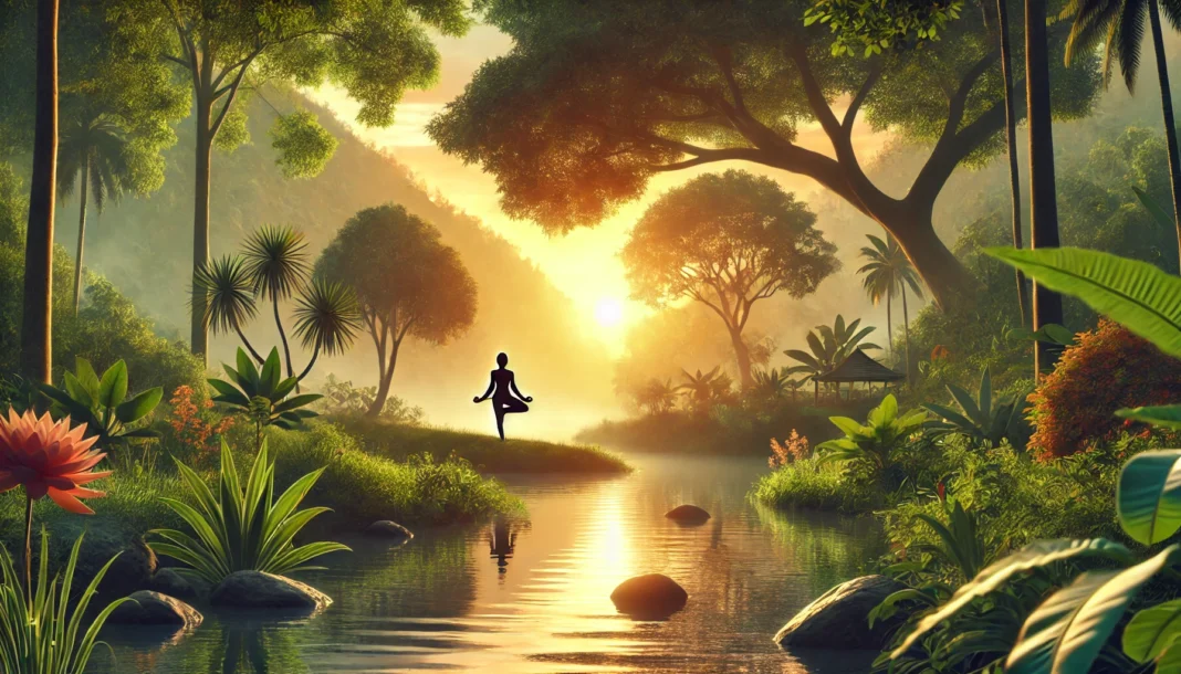 A peaceful nature scene with a person practicing yoga at sunrise, surrounded by lush greenery and a calm river, symbolizing relaxation and joint health.