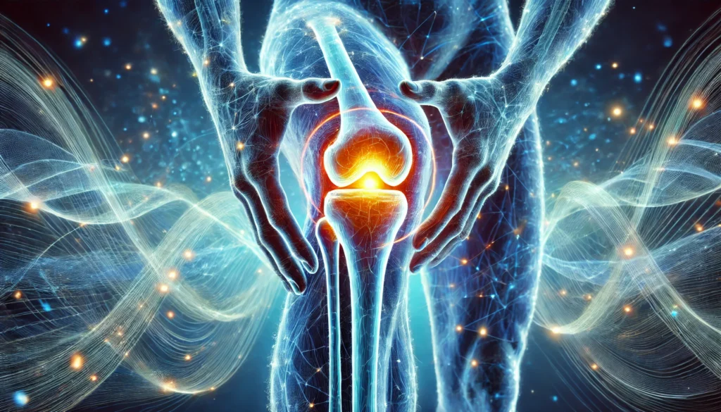 An artistic visualization of joint inflammation relief, depicting a glowing human knee joint surrounded by soothing, cool blue energy waves, symbolizing healing and reduced inflammation.