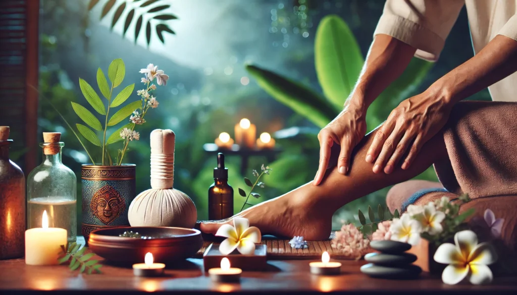 How to Reduce Joint Inflammation Quickly: Proven Strategies for Faster Athletic Recovery & Regeneration 2 A tranquil spa setting with a person receiving a soothing leg massage using essential oils, emphasizing natural joint pain relief and relaxation.