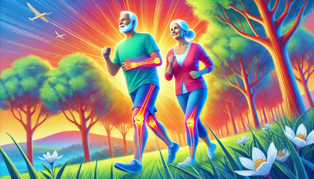 How to Reduce Joint Inflammation Quickly: Proven Strategies for Faster Athletic Recovery & Regeneration 3 A vibrant depiction of an active elderly couple jogging in a scenic park, showcasing mobility, joint health, and inflammation-free movement.
