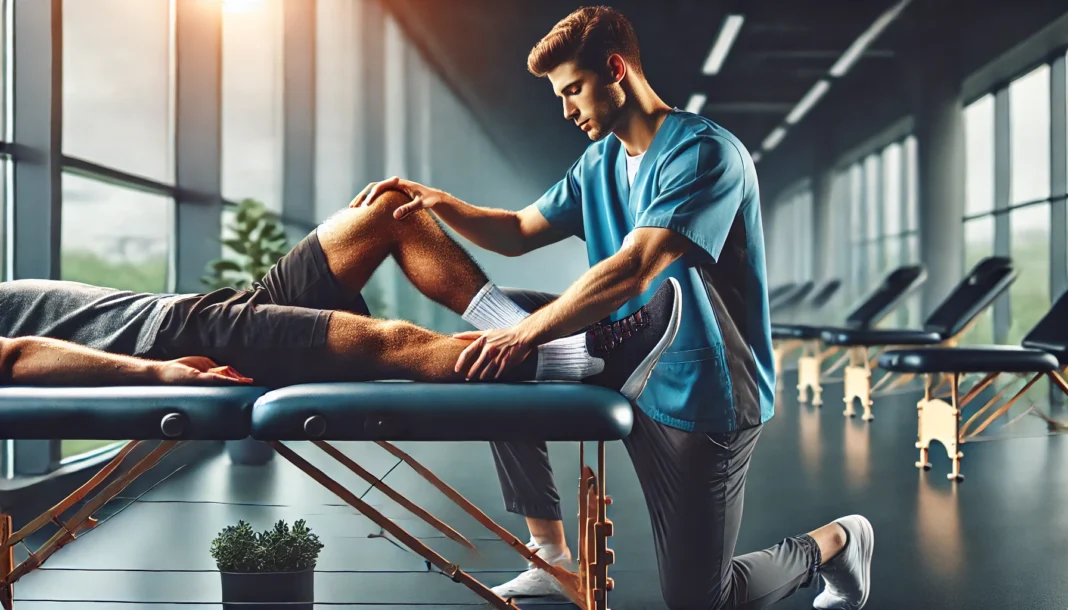 A professional sports therapist performing a deep tissue massage on an athlete's leg in a modern rehabilitation center, emphasizing muscle recovery and treatment for muscle strain.
