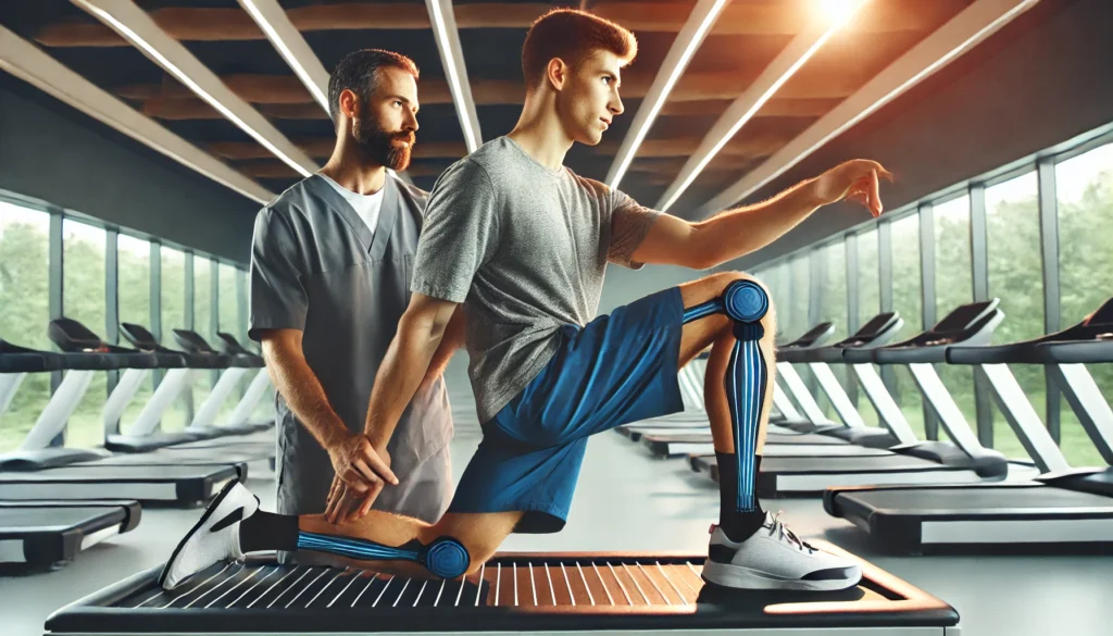 An athlete performing controlled stretching exercises with assistance from a physical therapist in a modern rehabilitation center, emphasizing flexibility and mobility improvement for muscle strain recovery.