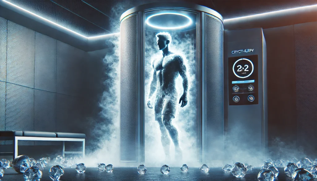 How to Speed Up Muscle Strain Recovery: Proven Strategies for Faster Healing and Regeneration 2 An athlete undergoing cryotherapy in a state-of-the-art recovery facility, standing in a cryo chamber surrounded by cooling mist, emphasizing its benefits for muscle strain recovery and inflammation reduction.