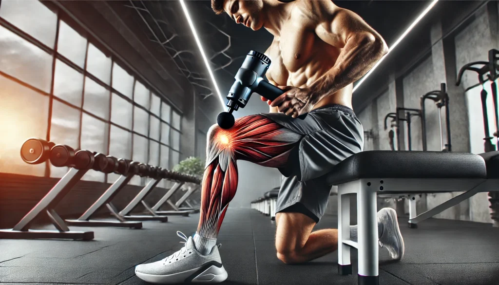 How to Speed Up Muscle Strain Recovery: Proven Strategies for Faster Healing and Regeneration 3 An athlete using a professional-grade massage gun on their thigh muscles in a modern recovery facility, emphasizing muscle recovery techniques, reducing soreness, and promoting faster healing of strained muscles.