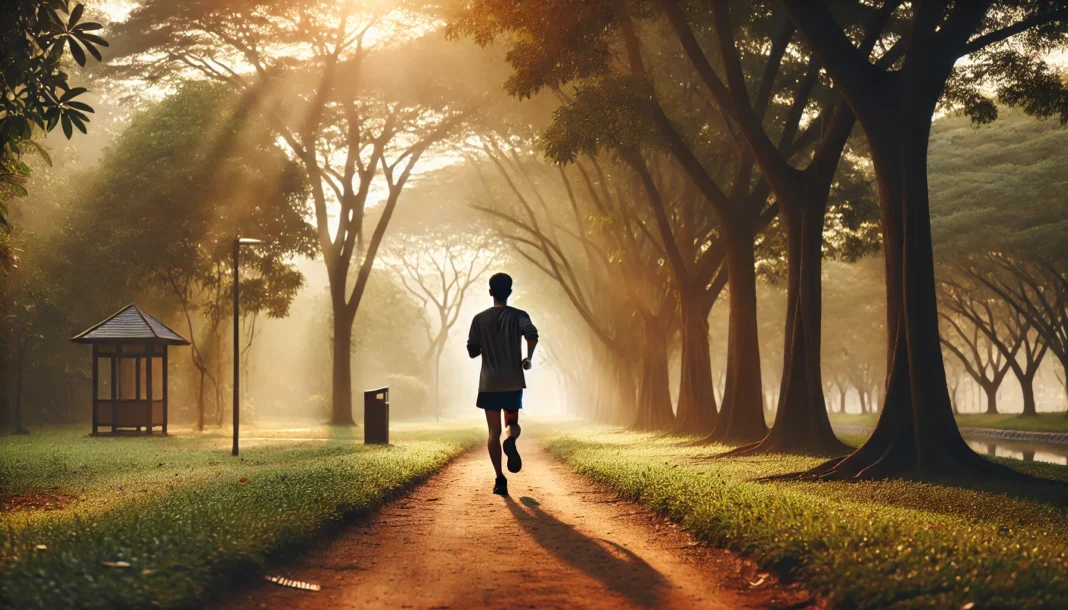 A serene park trail with a soft dirt path, where a lone runner in relaxed athletic wear jogs slowly at sunrise. Warm golden light filters through tall trees, and gentle morning mist enhances the peaceful atmosphere, symbolizing mindfulness and recovery.