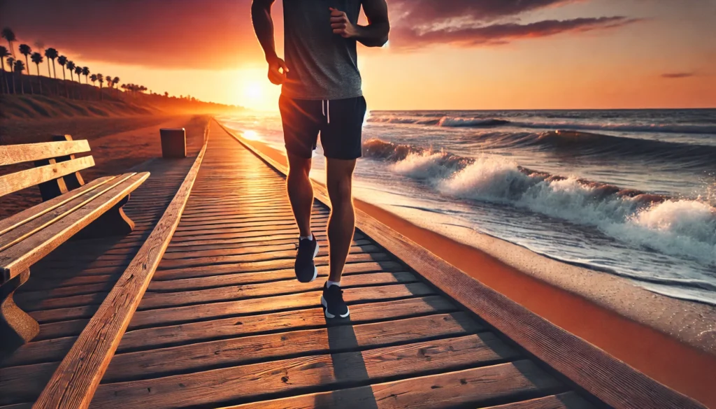 A coastal boardwalk at sunset, featuring a runner lightly jogging along the wooden path. The ocean waves gently crash against the shore, with a sky painted in orange and purple hues. The scene embodies rejuvenation, relaxation, and the essence of recovery running.