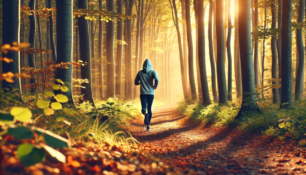 Recovery Running: The Science-Backed Strategy to Boost Athletic Performance and Reduce Injury 3 A quiet forest trail covered in fallen autumn leaves, where a runner in a hoodie and leggings jogs at a slow, steady pace. Soft golden light filters through the trees, creating a calming, nature-filled scene that emphasizes relaxation and recovery running.
