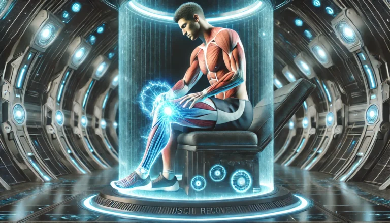 A high-tech therapy chamber emits a glowing blue light around an athlete's leg, visually representing rapid muscle regeneration in a sci-fi-inspired setting.