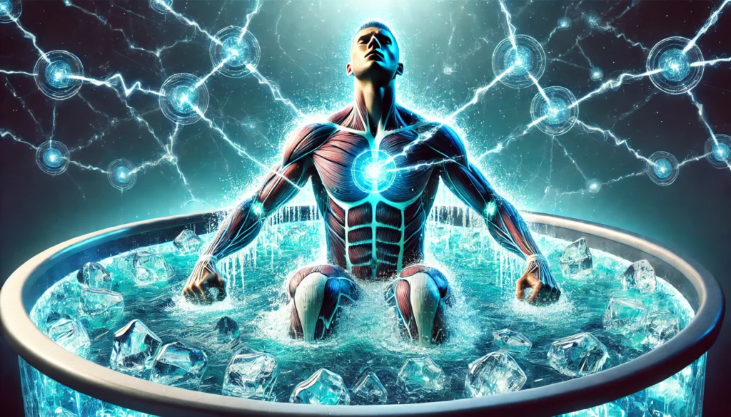 An athlete relaxes in a recovery ice bath infused with futuristic bioelectric pulses, symbolizing enhanced muscle healing and rejuvenation.