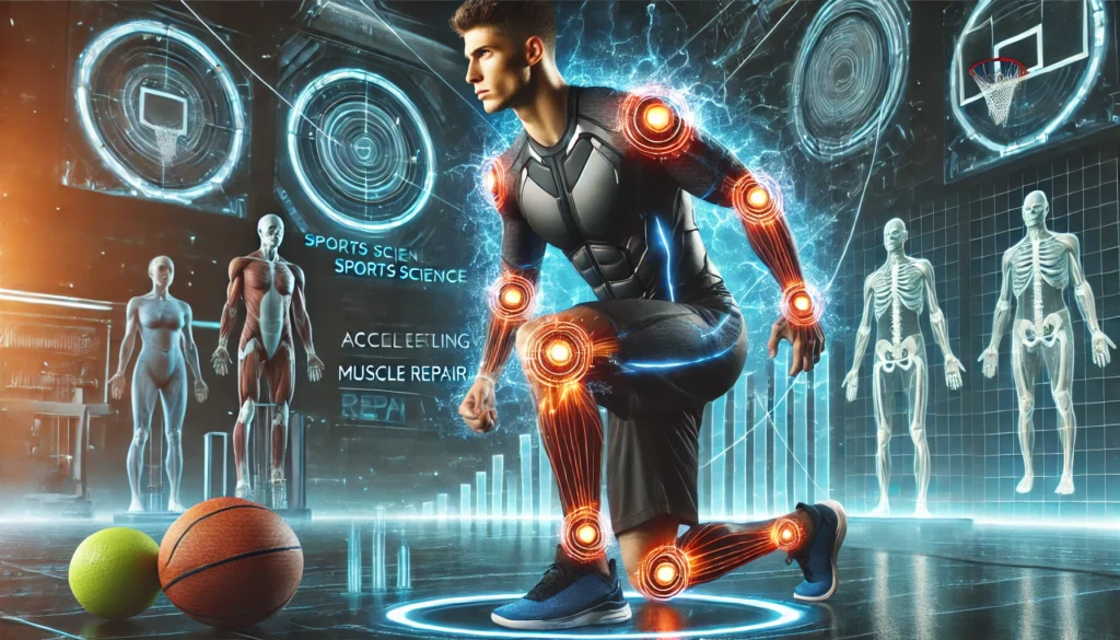 What Speeds Up Muscle Recovery? Proven Strategies to Reduce Recovery Time After Exercise 2 A professional athlete wears a futuristic muscle recovery suit that radiates glowing energy waves, accelerating muscle repair in a cutting-edge sports science lab.