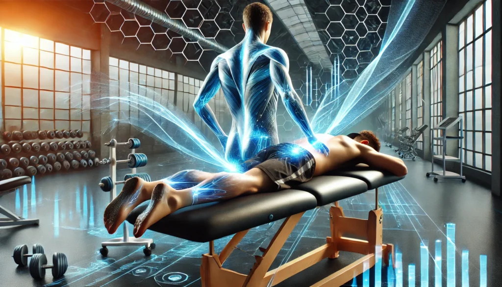 What Speeds Up Muscle Recovery? Proven Strategies to Reduce Recovery Time After Exercise 3 A therapist provides a deep tissue massage to an athlete, with glowing energy waves flowing through the muscles, visually depicting accelerated muscle recovery in a modern therapy room.