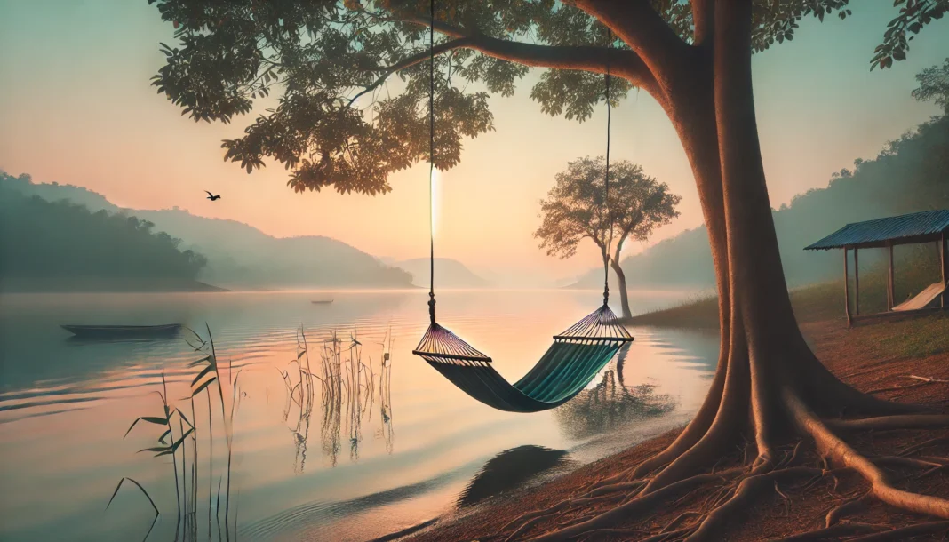 A tranquil lakeside view at sunrise, featuring a hammock swaying between two trees. The calm water reflects soft pastel hues, with birds soaring in the distance, creating a peaceful and restful atmosphere.