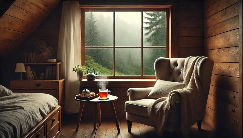 A warm indoor setting with a large window overlooking a rainy forest. A steaming cup of tea sits beside a plush armchair draped with a blanket, illuminated by soft lighting, evoking comfort and relaxation.