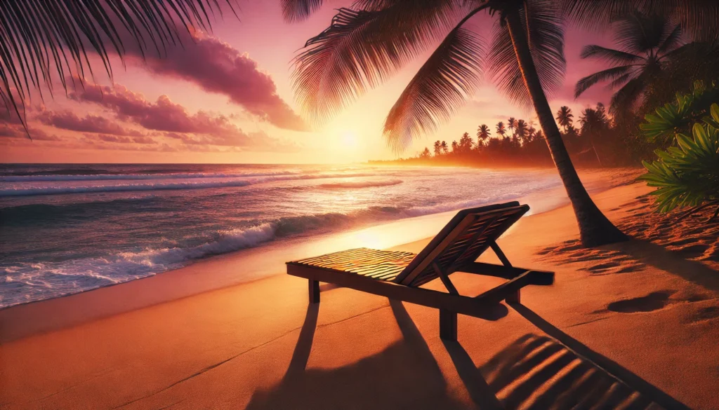 A serene tropical beach at sunset with a wooden lounge chair facing gentle ocean waves. The golden sand, palm trees casting long shadows, and a vibrant sky of pink, orange, and purple create the perfect peaceful escape.