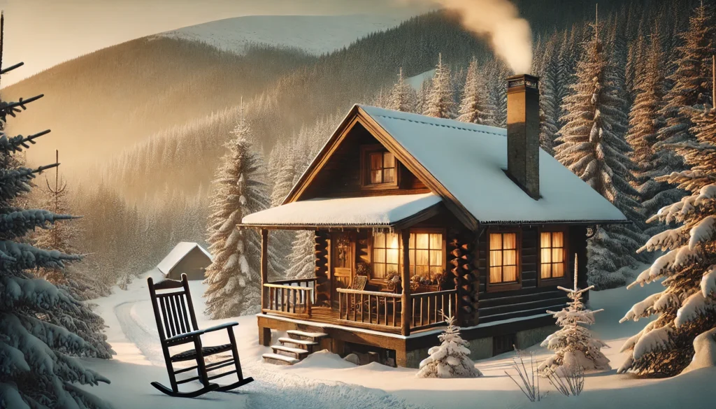 A secluded mountain cabin surrounded by snow-covered pine trees, with smoke curling from the chimney. A wooden rocking chair on the porch faces a serene winter landscape, glowing warmly from within.