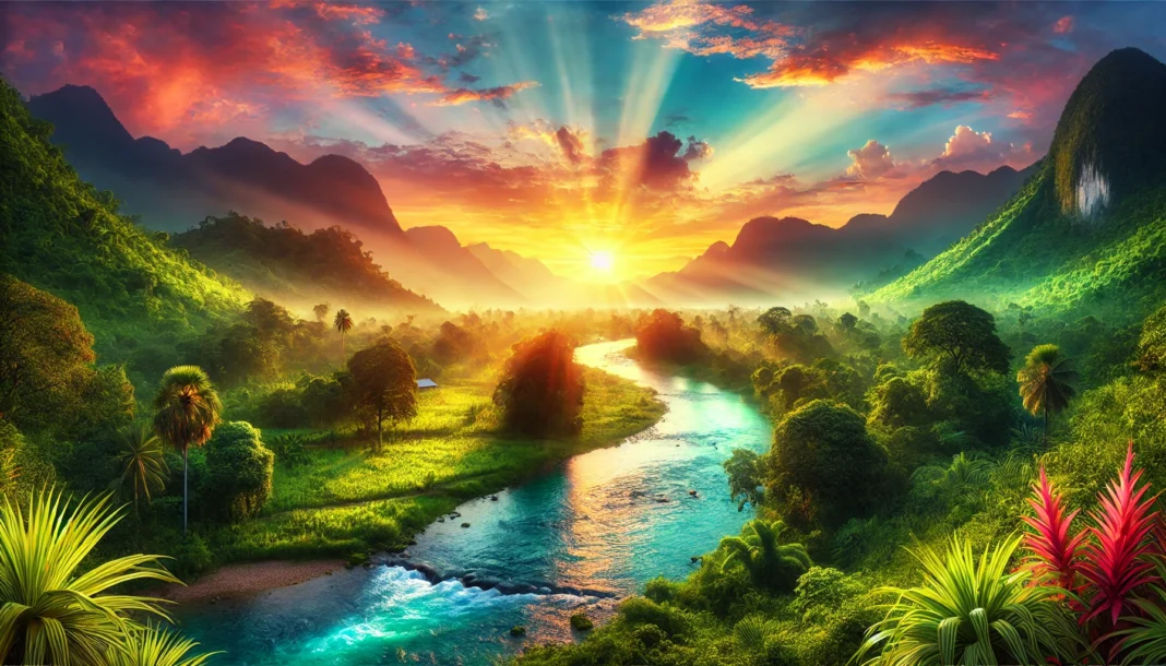 A breathtaking sunrise over a lush green mountain range, with a crystal-clear river meandering through the valley, symbolizing renewal, vitality, and holistic well-being