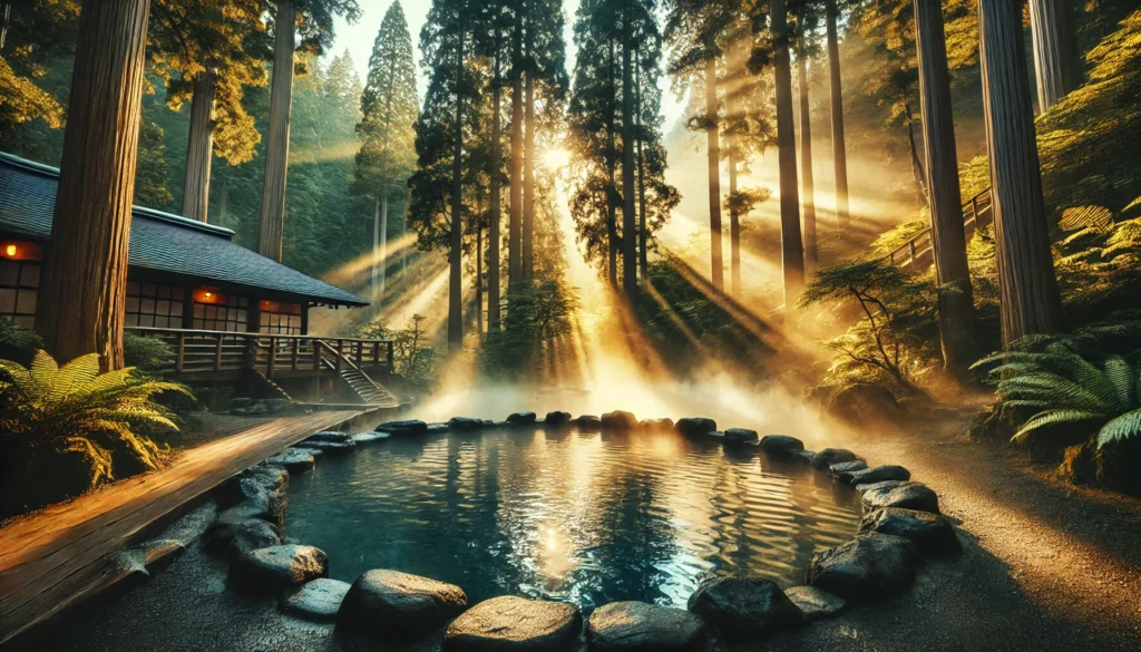 A peaceful wellness retreat featuring a natural hot spring surrounded by dense forest, with steam rising into the golden sunlight filtering through the trees, evoking deep relaxation and revitalization
