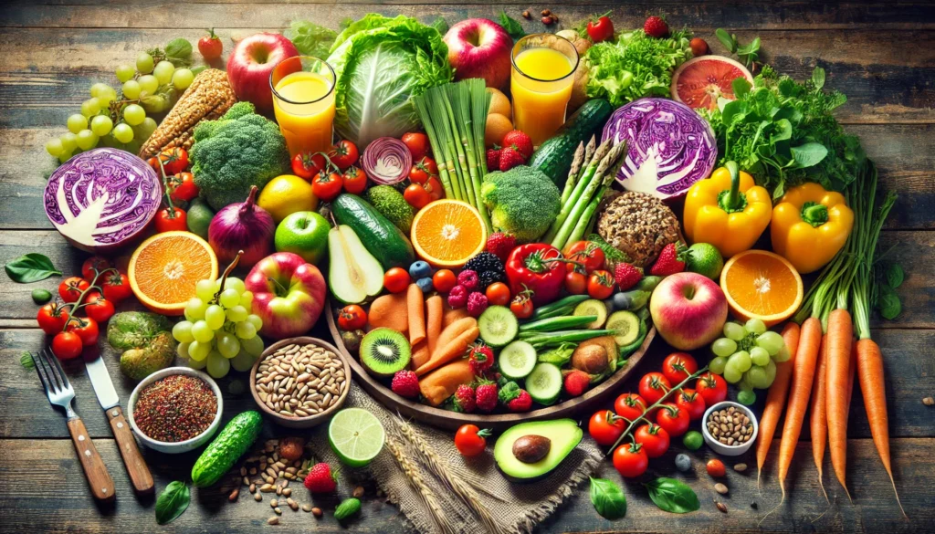 Revitalize Your Health: How to Boost Your Metabolism with Holistic Bioavailable Nutrients 2 A vibrant, nutrient-rich meal featuring colorful organic fruits, vegetables, and whole grains on a rustic wooden table, symbolizing the connection between nutrition, energy, and holistic wellness