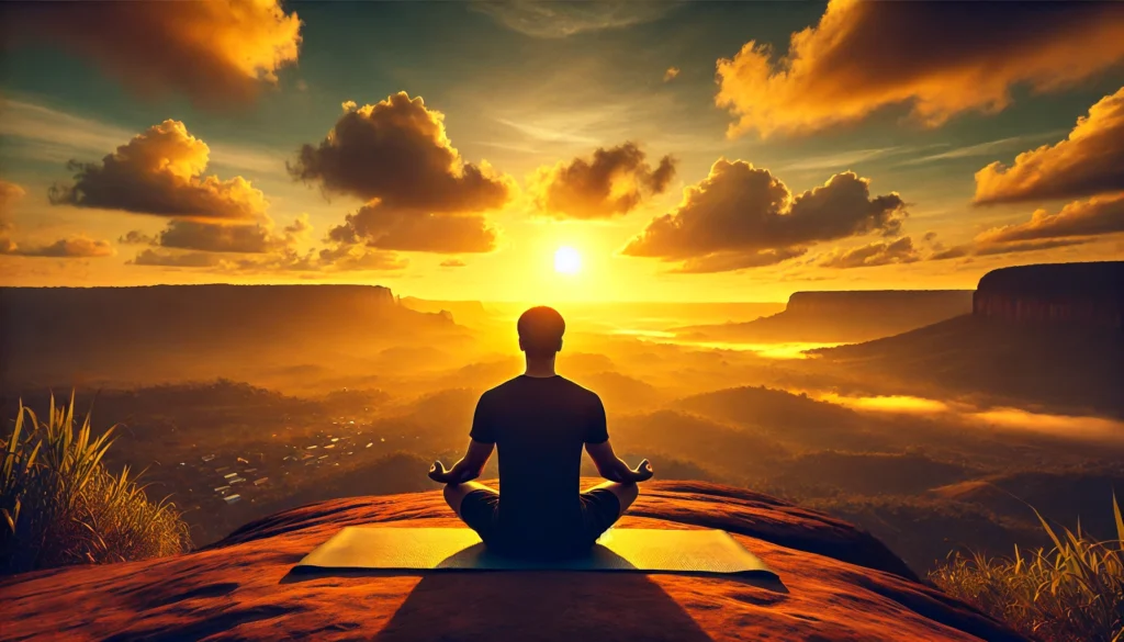 Revitalize Your Health: How to Boost Your Metabolism with Holistic Bioavailable Nutrients 3 A serene sunrise yoga session on a hilltop, with a person in a meditative pose overlooking a vast horizon bathed in golden light, symbolizing inner balance, renewal, and holistic well-being