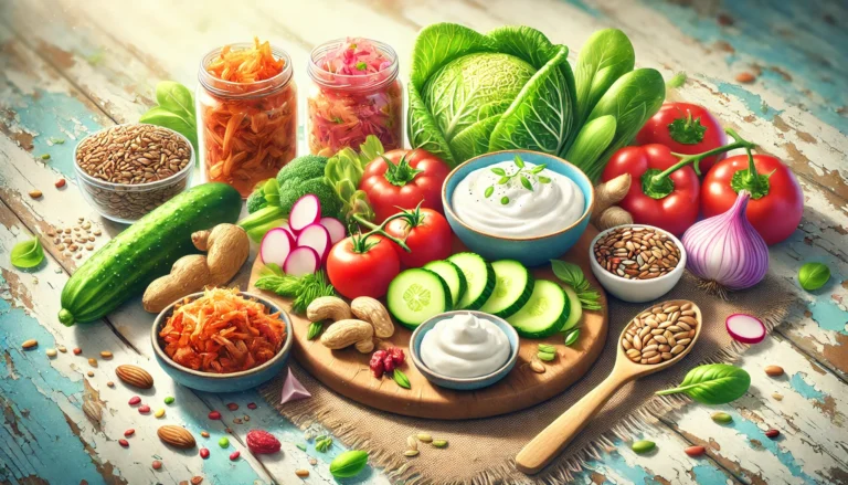 A beautifully arranged gut-friendly meal featuring fresh vegetables, fiber-rich grains, and fermented foods like kimchi and yogurt, displayed in a bright and inviting setting to emphasize healthy digestion