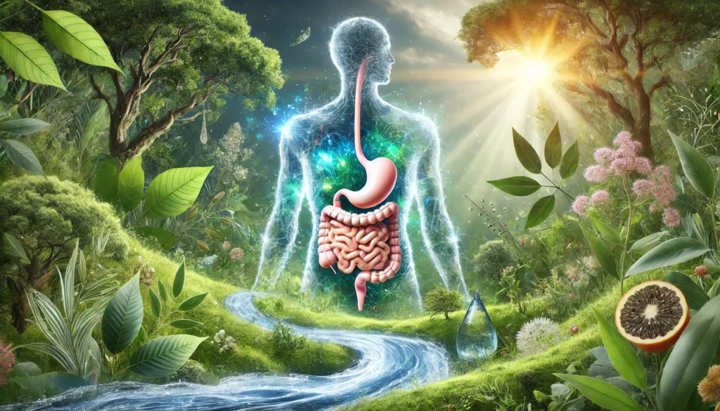 A peaceful, nature-inspired visualization of optimal digestion, depicting a glowing human silhouette with an energized digestive system, surrounded by lush greenery, flowing water, and warm sunlight, symbolizing harmony and gut health