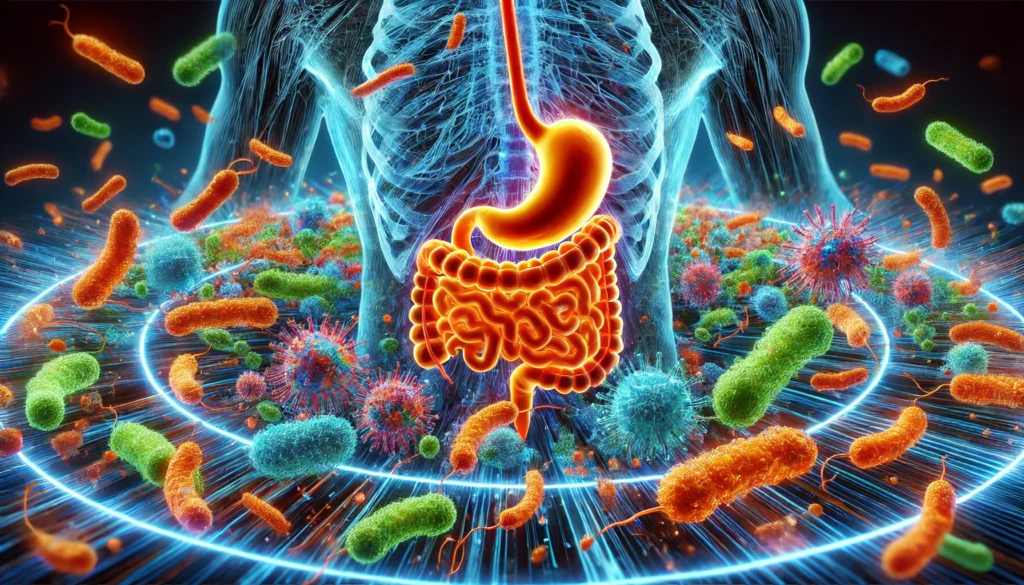 Optimizing Digestion: Why the Majority of Nutrient Absorption Occurs in the Small Intestine 2 A futuristic 3D-rendered depiction of the human gut microbiome, showcasing glowing beneficial bacteria in a balanced, vibrant ecosystem with fluid motion, symbolizing digestive health and gut optimization