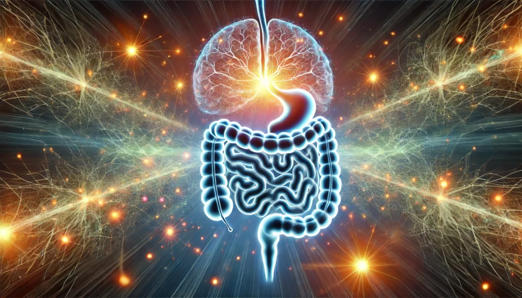 Optimizing Digestion: Why the Majority of Nutrient Absorption Occurs in the Small Intestine 3 An artistic visualization of the gut-brain connection, depicting a glowing digestive tract seamlessly linked to a radiant brain, surrounded by neural pathways and energy waves, symbolizing the relationship between digestion and mental well-being