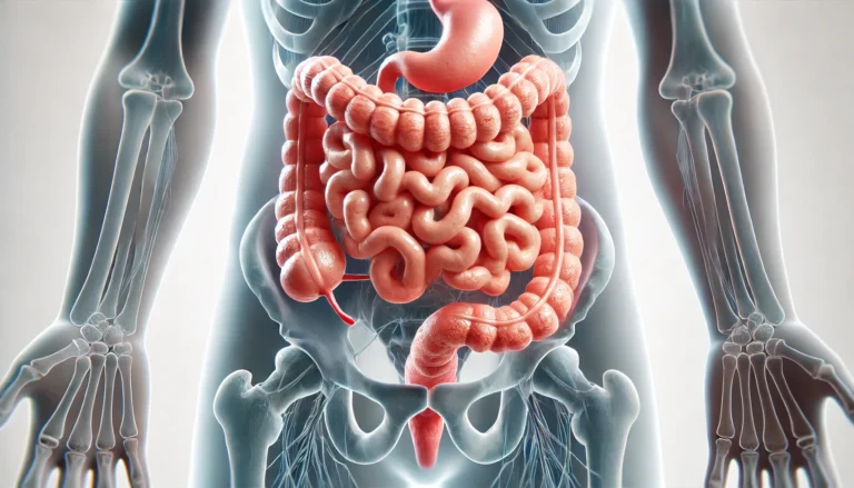 A realistic medical illustration of the human digestive system, focusing on the small intestine with inflamed and damaged villi, visually representing the impact of malabsorption on nutrient absorption