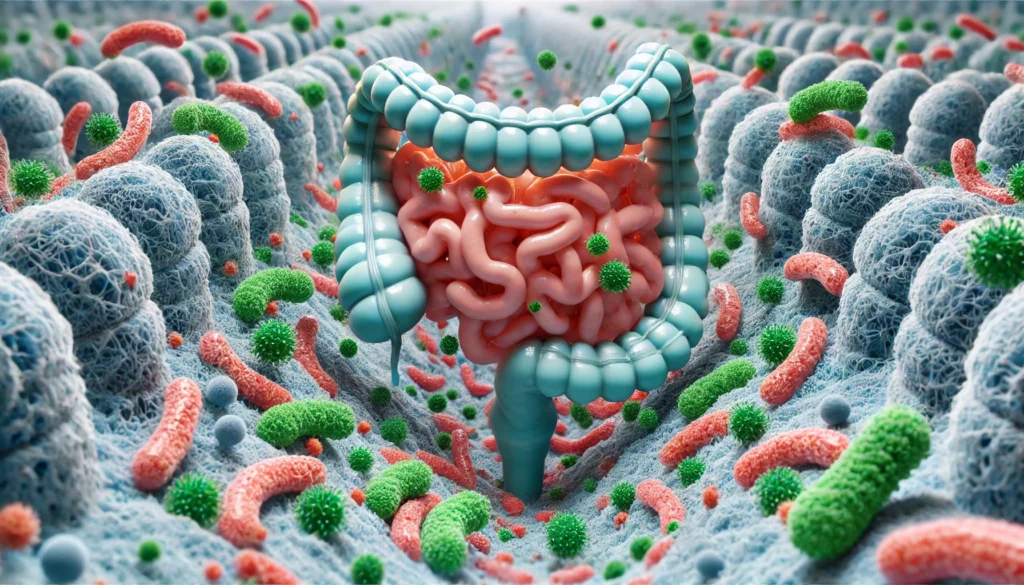 A highly detailed 3D-rendered microscopic view of gut bacteria imbalance, depicting an overgrowth of harmful bacteria overwhelming beneficial bacteria, symbolizing gut microbiome dysfunction linked to malabsorption