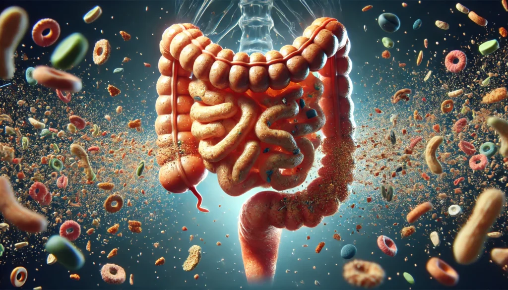 What Causes Malabsorption? Key Triggers, Symptoms, and Natural Solutions for Better Nutrient Absorption 2 A medical-style visualization of undigested food particles in the small intestine, illustrating nutrient malabsorption by showing food passing through without being absorbed, highlighting digestive inefficiency