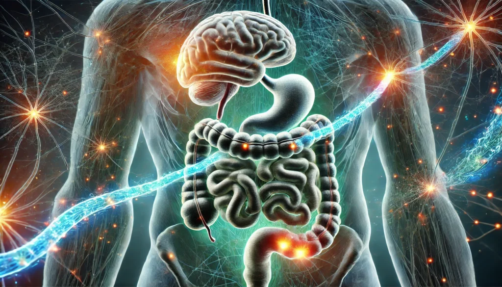 What Causes Malabsorption? Key Triggers, Symptoms, and Natural Solutions for Better Nutrient Absorption 3 An artistic medical illustration of the gut-brain connection, depicting neural pathways linking the digestive system to the brain, emphasizing the impact of malabsorption on cognitive function and overall well-being