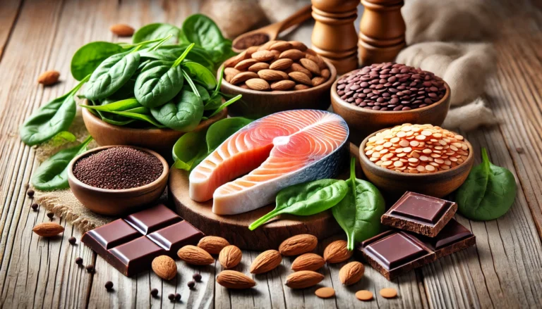 A beautifully arranged assortment of five mineral-rich foods—spinach, almonds, salmon, lentils, and dark chocolate—displayed on a rustic wooden table with a softly blurred background