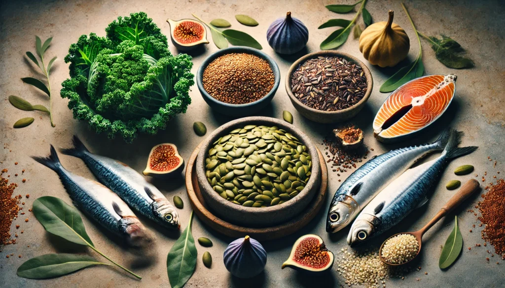  A visually appealing spread of five high-mineral foods—kale, pumpkin seeds, sardines, quinoa, and figs—arranged on a natural stone surface with soft, natural lighting highlighting their textures and colors