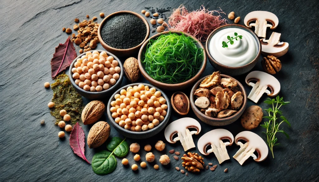 5 Foods That Are High in Minerals: Essential Nutrient Sources for a Healthier You 2 A fresh and vibrant selection of five mineral-rich foods—seaweed, chickpeas, Brazil nuts, yogurt, and mushrooms—elegantly arranged on a dark slate background, highlighting their textures and natural colors