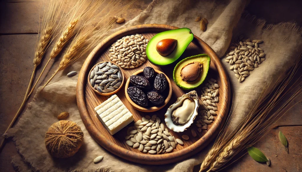 5 Foods That Are High in Minerals: Essential Nutrient Sources for a Healthier You 3 A rustic wooden platter displaying five mineral-rich foods—avocado, tofu, sunflower seeds, prunes, and oysters—arranged aesthetically with warm, natural lighting to enhance their freshness and appeal