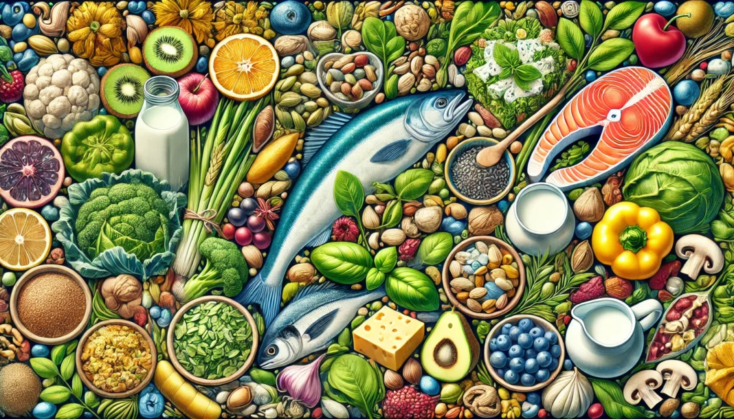 A vibrant and detailed depiction of essential minerals for the body, showcasing a diverse selection of mineral-rich foods like leafy greens, nuts, seeds, dairy products, fish, and colorful fruits, symbolizing balanced nutrition and health