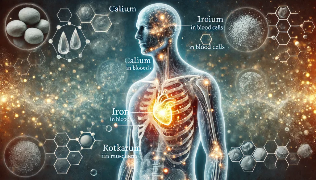 An artistic illustration of human anatomy with glowing overlays representing essential minerals like calcium in bones, iron in blood cells, and potassium in muscles, emphasizing their role in bodily functions and holistic nutrition