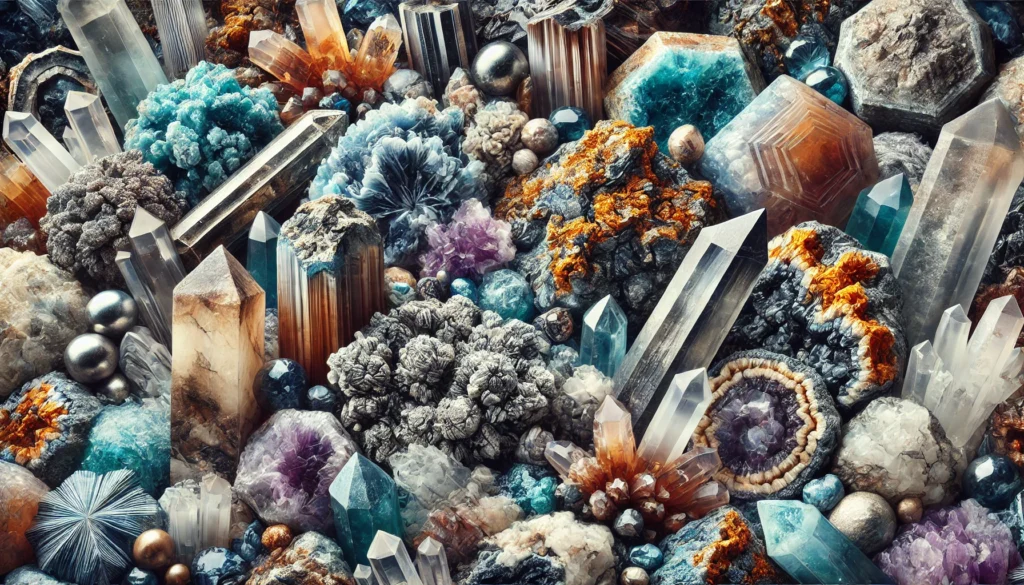 Essential Minerals for the Body: Why They Matter and How to Get Them Naturally 2 A detailed macro shot of vibrant mineral-rich crystals and rocks, including calcium-rich limestone, iron-rich hematite, and magnesium-rich dolomite, highlighting the natural sources of essential minerals for the body