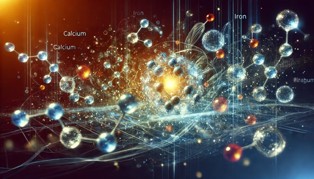 Essential Minerals for the Body: Why They Matter and How to Get Them Naturally 3 A futuristic artistic representation of essential minerals in the body, featuring glowing molecular structures of calcium, iron, potassium, and magnesium, symbolizing their fundamental role in human health within a high-tech illuminated environment